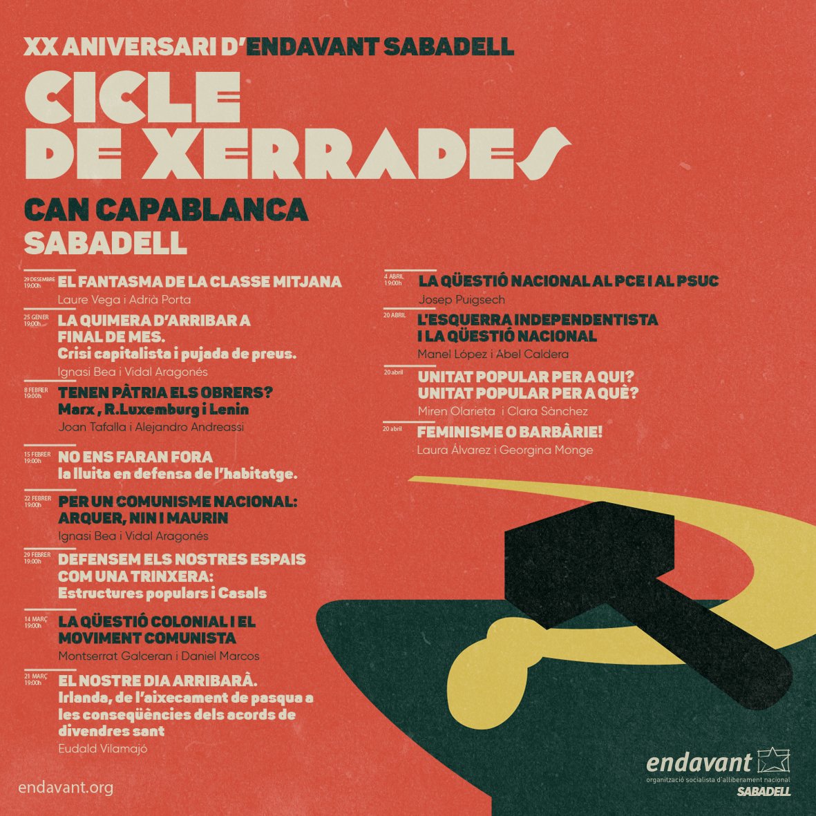🔴 XXè aniversari d'@Endavant_Valles🔴 Enguany celebrem 20 anys d'Endavant a #Sabadell . Després de fer-ne la presentació, us presentem el programa de xerrades amb el que ho celebrarem, tot incloent un curs específic sobre marxisme i qüestió nacional. 📓🖊 Prepareu agendes👇