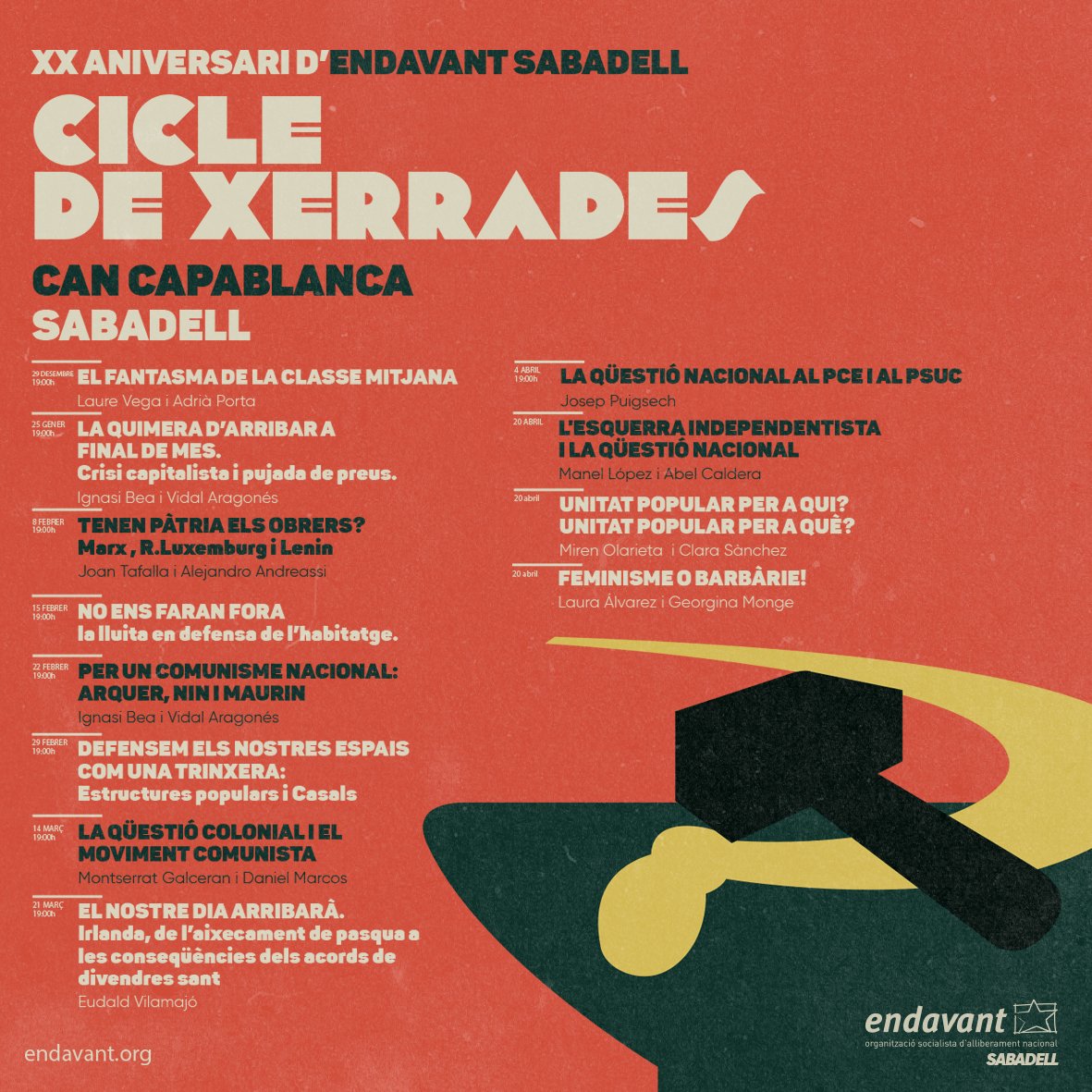 🔴 XXè aniversari d'<a href="/Endavant_Valles/">Endavant Vallès Occ.</a>🔴

Enguany celebrem 20 anys d'Endavant a #Sabadell . Després de fer-ne la presentació, us presentem el programa de xerrades amb el que ho celebrarem, tot incloent un curs específic sobre marxisme i qüestió nacional.

📓🖊 Prepareu agendes👇