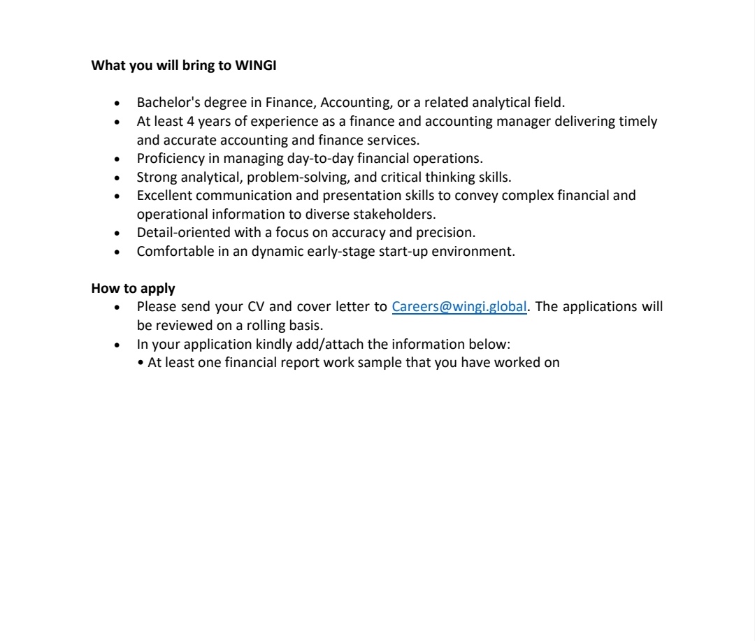 wingiglobal's tweet photo. We’re #hiring! 
We’re looking for a proven #Financemanager to provide financial oversight and manage day-to-day financial and accounting tasks.

Please apply by sending your resume, cover letter and work sample to Careers@wingi.global by January 20.
#Wingi #ikokazike #jobalert https://t.co/s6FL8wm0jk