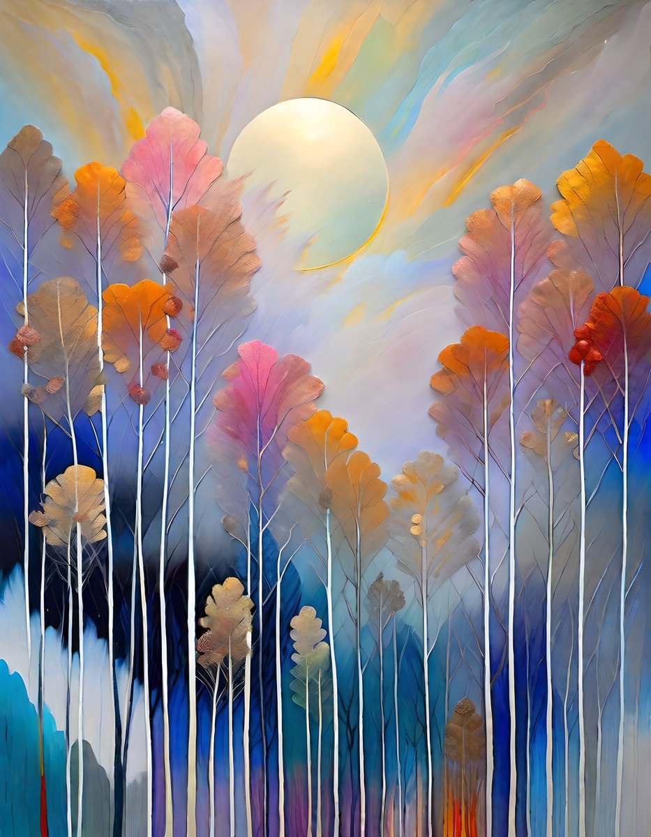 The tall trees beneath the large daytime moon