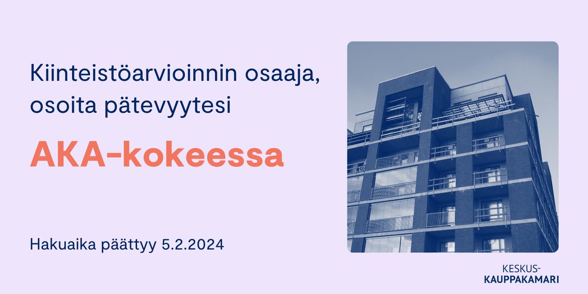 Hakuaika AKA-kokeeseen on parhaillaan käynnissä! Lisätietoja nettisivuiltamme kauppakamari.fi/palvelut/kiint…

#kiinteistöarviointi #tutkinto