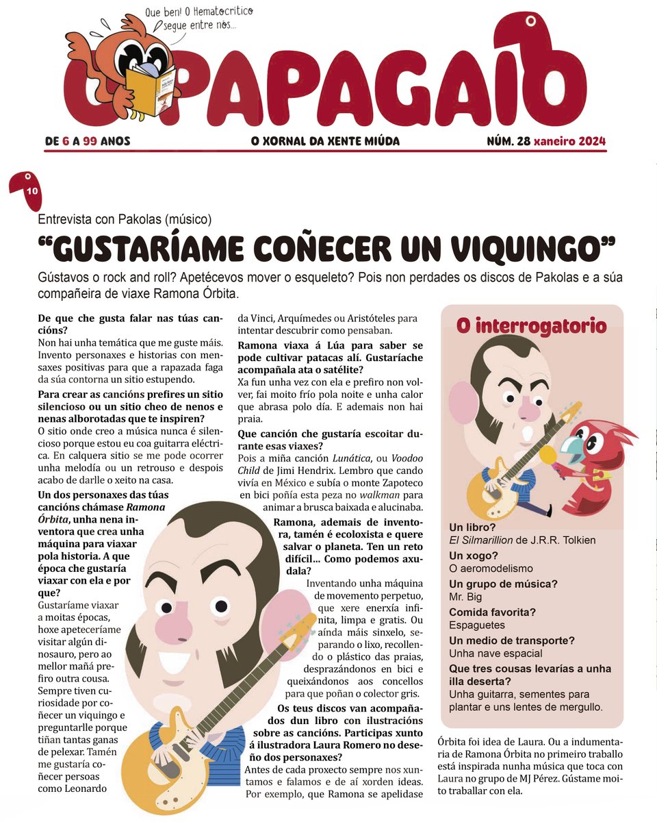 "Gustaríame coñecer un viquingo", e a vós? Neste número 28 de Xaneiro, entrevista de Pakolas en "O Papagaio, o xornal da xente miúda" Dispoñible en pakolas.com/nosmedios. Non coñecedes esta revista tan molona?, xa estades tardando opapagaio.gal