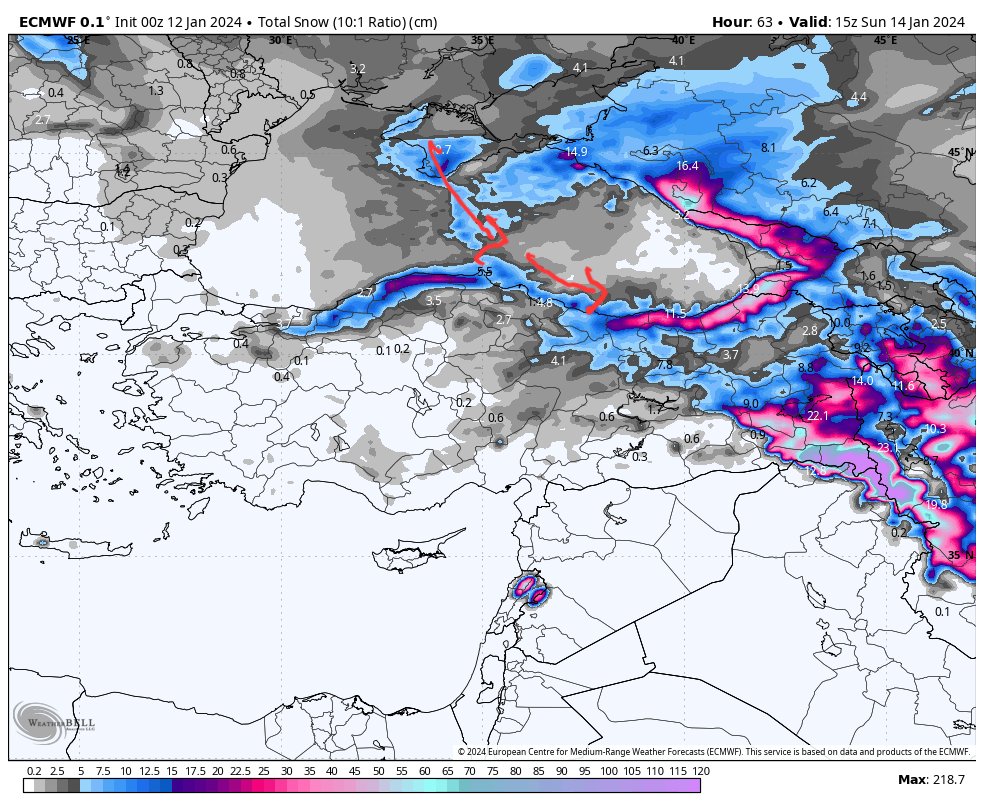 Kırım hattından yer yer kütleler #ordu #Giresun #trabzon hattında yoğun kar yağışı bırakacak gibi duruyor.  Sahilde 5/15 Yüksek kesimlerde 30 cm kar birikimi olabilir.  Haritadan bakabiliriz