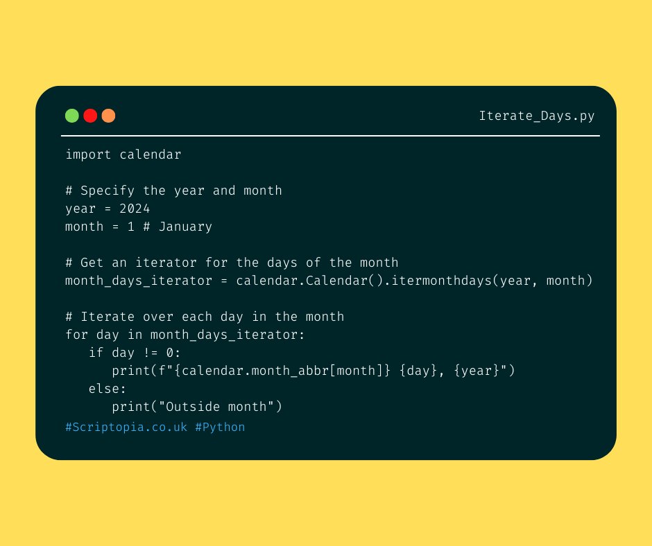 Scriptopia__'s tweet image. Python Calendar - Iterate days within specified month - Find out more at scriptopia.co.uk/2024/01/12/pyt…
#python #learning #tutorial #code #development #learntocode #programming #pythonprogramming #coding #pythonforbeginners #Calendar #NewYear2024 #Month #Date #Week #DAY6