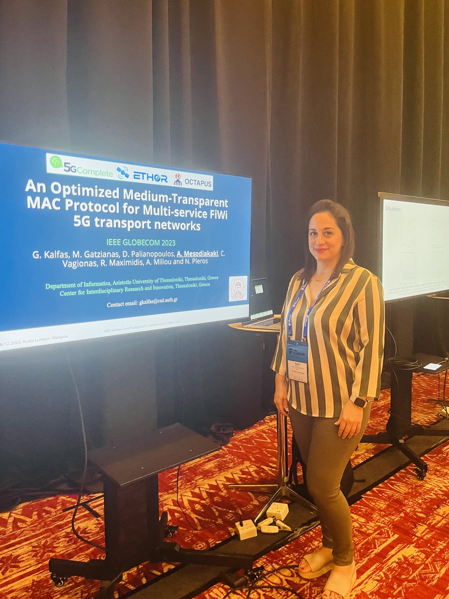 WINPHOS RESEARCH GROUP @ GLOBECOM 2023:
Dr. Agapi Mesodiakaki presented our group's work entitled "An Optimized Medium-Transparent MAC Protocol for Multi-service FIWI 5G Transport Networks" in GC in Kuala Lumpur, Malaysia.