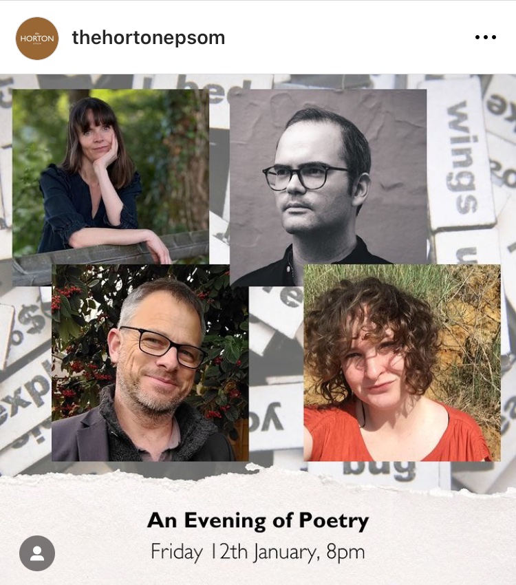 Tonight at @TheHortonEpsom… poetry! From Declan Ryan, James Goodman, Sarah Westcott and me. thehortonepsom.org/events/an-even… @GuillemotPress @PavilionPoetry @FaberBooks