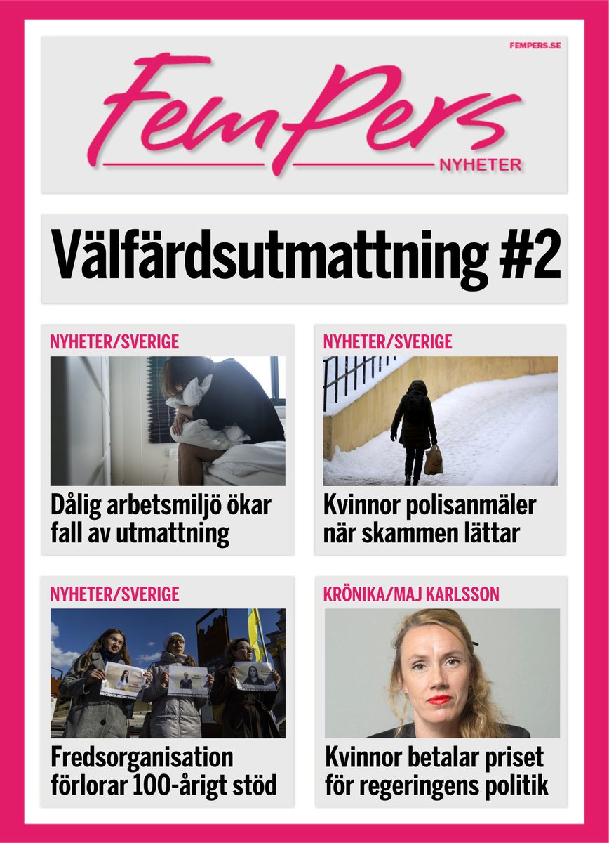fempers's tweet photo. #2 VÄLFÄRDSUTMATTNING
◾️Dålig #arbetsmiljö gör kvinnor #utmattade
◾️#Kvinnor anmäler misshandel när skammen lättar
◾️Fredsorg. @ikff_sverige förlorar 100-årigt stöd
◾️#Sysselsättningen ökar mest bland #utrikesföddakvinnor
🔗 https://t.co/q1e1CJFDRg https://t.co/rOiD0cRrQJ