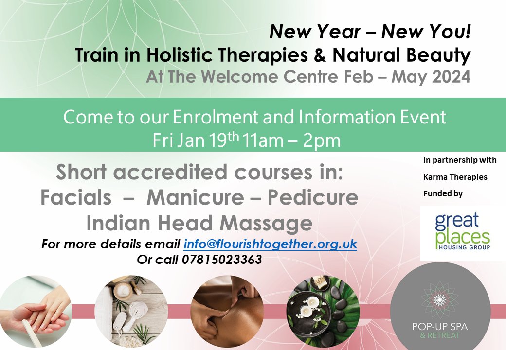 Ever wanted to train in beauty or massage? ✨

The Welcome in Knutsford have an upcoming Enrolment and Information event for different accredited courses.

Friday 19th January - why not go along? 👇