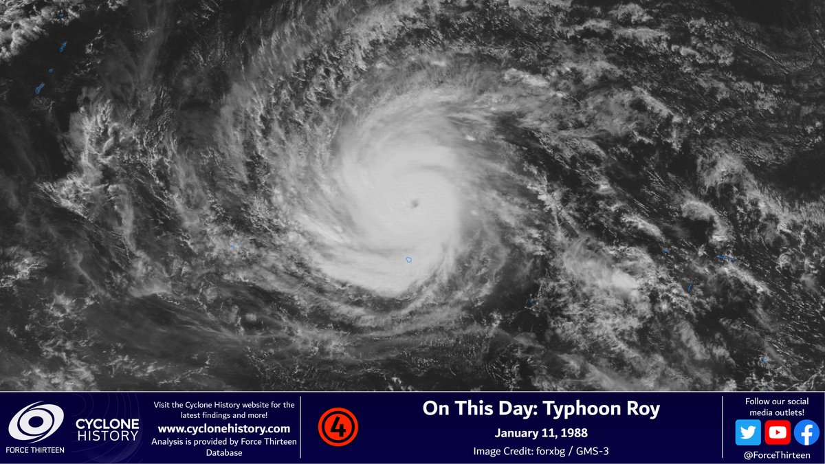 CycloneHistory's tweet photo. #OTD in 1988, #TyphoonRoy struck the Northern Mariana Islands, having weakened slightly from its peak intensity of 130mph/940hPa achieved two days previously.
Roy then continued moving west before making landfall over eastern #Philippines and dissipated in the South China Sea. https://t.co/6MnMNV1UBU