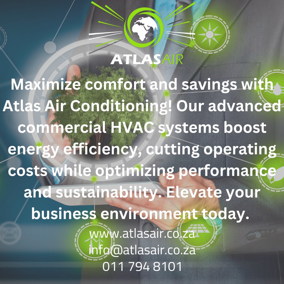 AtlasAirZA's tweet image. Optimize the performance of your commercial property with Atlas Air Conditioning's HVAC solutions. Improve indoor air quality, reduce energy costs, and create a more comfortable environment for tenants and clients alike. #PropertyOptimization #AtlasAirConditioning #HVAClife