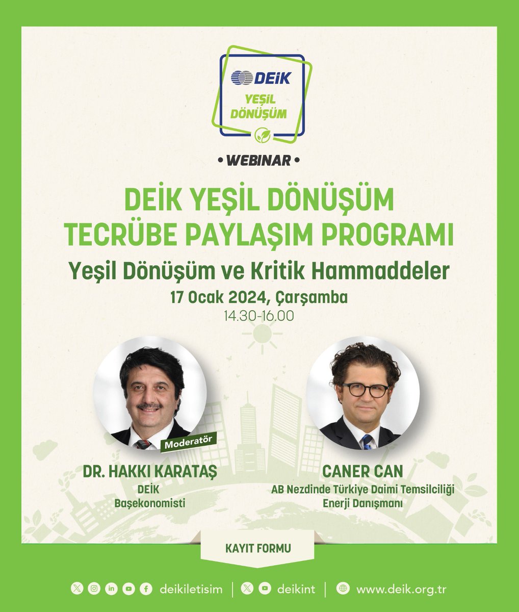 DEİK Yeşil Dönüşüm Çalışma Grubumuz, "DEİK Yeşil Dönüşüm Tecrübe Paylaşımı: Yeşil Dönüşüm ve Kritik Hammaddeler" programını gerçekleştirecek. 

🗓️17 Ocak 2024
⏰14.30

Katılmak için ⬇️
🔗deik.org.tr/etkinlikler-de…

<a href="/hcanercan/">Caner Can</a> 
#İşimizTicariDiplomasi