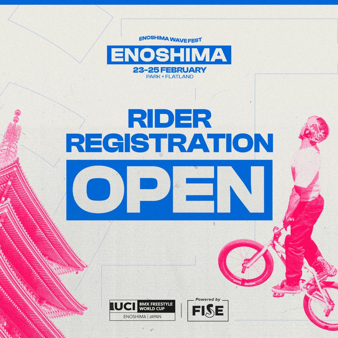RIDERS ALERT! TIME TO REGISTER 🔔

👉 UCI BMX FREESTYLE WORLD CUP (Park and Flatland)
📍ENOSHIMA, JAPAN
🤝 Part of <a href="/ENOSHIMA_WF/">ENOSHIMA WAVE FEST</a> 
🗓 23 - 25 FEBRUARY 2024

Riders registrations on fise.fr from 11/01 to 15/02 

 #ucibmxfreestylewc <a href="/UCI_BMX_FS/">UCI BMX Freestyle</a>