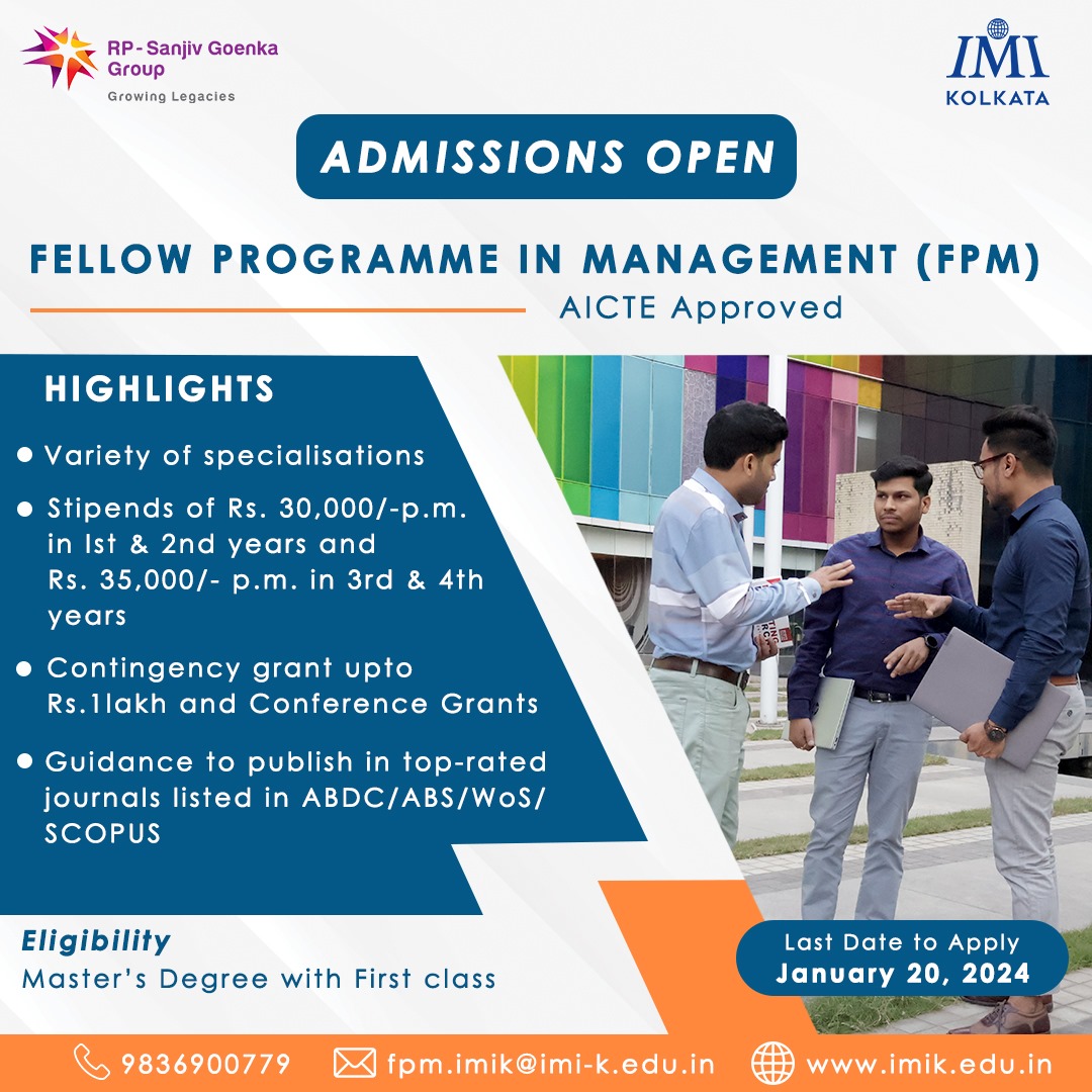 IMIKOnline's tweet photo. We are inviting all the brilliant minds to join IMI Kolkata for FPM (Fellow Programme in Management) with an opportunity to choose from a wide variety of specialisations.
Register Now!
https://t.co/np1qntPgxF
Last Date for Registration – January 20, 2024
#fellowprogram https://t.co/uAX7NvEtmy