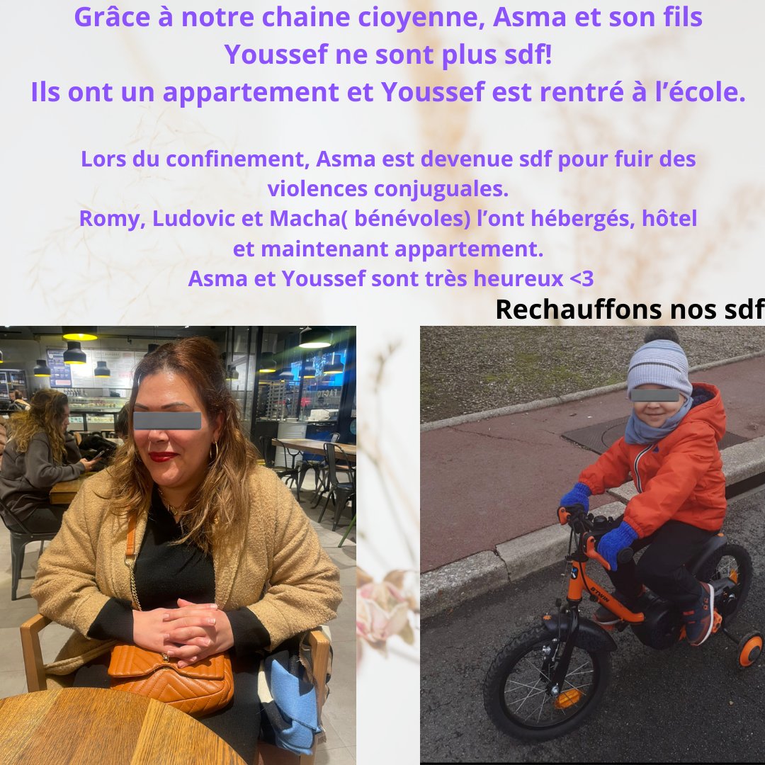 sarahfrikh's tweet photo. Asma est devenue sdf pendant le confinement pour fuir des violences conjuguales avec son fils Youssef (2 ans à l'époque)!
Elles dormaient dans le hall d'un immeuble mais nos bénévoles lui ont ouvert leurs portes: Romy, Ludovic et Macha <3 <3 <3
Aujourd'hui, elle a son appartement et Youssef a de très bonnes notes à l'école.
Nous avons pour ambition d'en faire un métier pour atteindre encore plus de résultat.
On va demander l'aide d'un avocat <3
merci à tous les bénévoles et donateurs <3