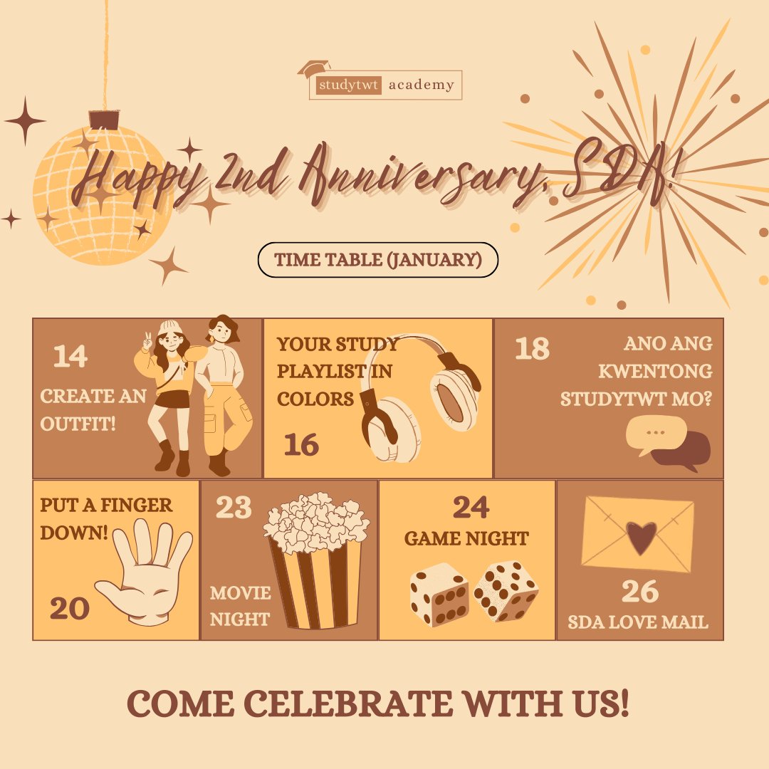 studytwtacademy's tweet image. Hey SDA fam!! 🤎✨

As we celebrate our 2nd-year Anniversary, we prepared a lot of activities for you. Come celebrate with us and make this year memorable! We will be posting the mechanics of the games, soon! ✨

Once again, Happy Anniversary!
#studytwtacademy #studytwtph