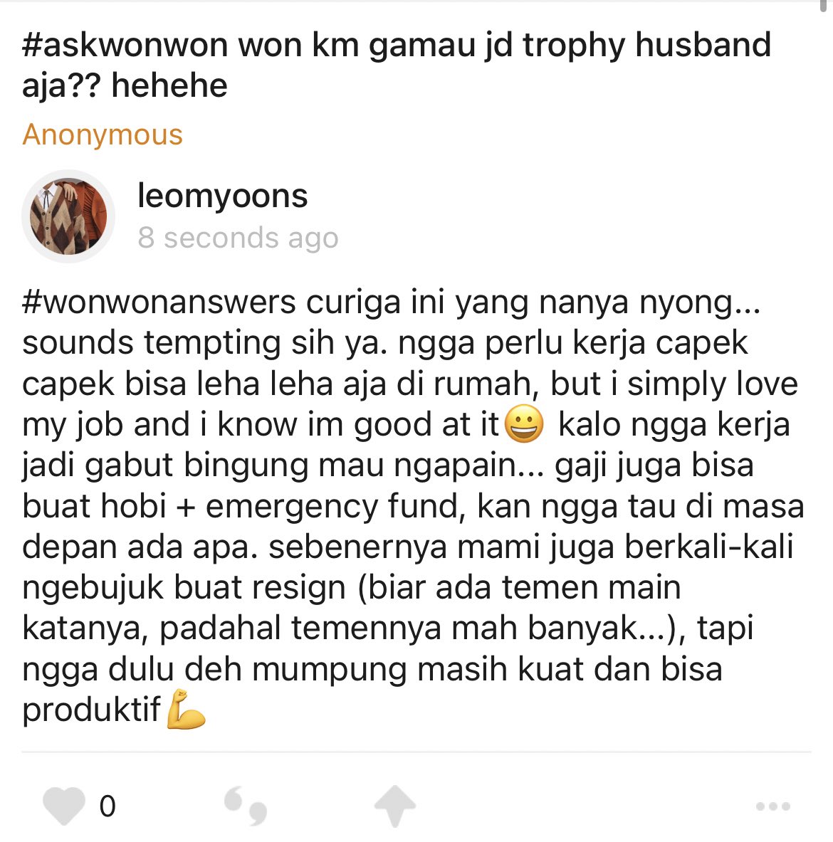 leomyoons's tweet photo. #askwonwon won km gamau jd trophy husband aja?? hehehe — #wonwonanswers curiga ini yang nanya nyong... sounds tempting sih ya. ngga perlu kerja capek capek bisa leha leha aja di rumah, but i simply love my job and i know im good a… https://t.co/hOyn41no7y https://t.co/IkdJM2ijQ0