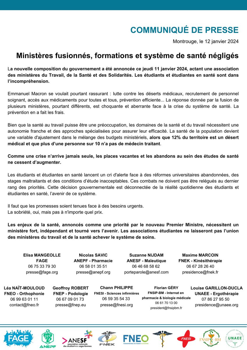 #SantéNégligée | Les étudiantes et étudiants en santé alertent sur la fusion des #ministères du travail et de la santé ⚠️

Face à des besoins si urgents, il faut que les promesses soient tenues❗️

🤝 <a href="/La_FAGE/">FAGE</a> <a href="/ANESF_FR/">ANESF</a> <a href="/La_FNEK/">FNEK</a> <a href="/La_FNEO/">FNEO</a> <a href="/La_FNEP/">FNEP</a> <a href="/La_FNESI/">FNESI</a> <a href="/fnsip_bm/">FNSIP-BM</a> <a href="/UNAEE/">UNAEE</a>
