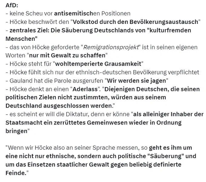 #Remigration #Deportation #Ausländer 
Heute überschlagen sich die AfDlinge geradezu, um die geplante Massendeportation zu relativieren. Dabei kann man das alles in Höckes Buch nachlesen. Höcke ist der Drahtzieher in der faschistischen AfD. Lasst euch nichts anderes erzählen.