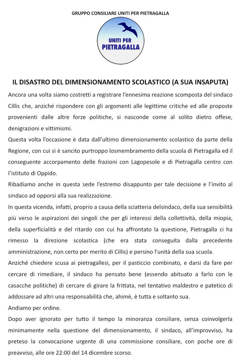 PerPietragalla's tweet photo. IL DISASTRO DEL DIMENSIONAMENTO SCOLASTICO (A SUA INSAPUTA) continua nei commenti 👇🏻 https://t.co/aotBUGHiNo