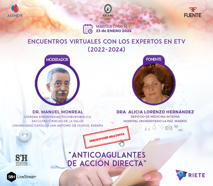 asemeve's tweet photo. #SaveTheDate 

Webinar gratuito ANTICOAGULANTES DE ACCIÓN DIRECTA
🗓️23 de enero a las 17:00horas en el #CanalASEMEVE
📷Webinar con créditos de formación continuada

Envía tus preguntas al experto e inscríbete desde https://t.co/xs0ENPYp4Q https://t.co/ArYRrXwr4W