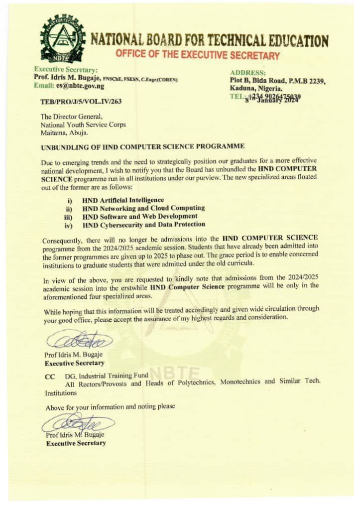 dmightyangel's tweet photo. NO MORE HND COMPUTER SCIENCE IN ALL POLYTECHNIC/MONOTECHNICS IN NIGERIA  

The National Board for Technical Education has unbundled HND Computer Science Programme into 4 specializations:

 - HND Artificial Intelligence

 - HND Network & Cloud Computing

 - HND Software & Web Development

 - HND Cybersecurity & Data Protection  

Consequently, no more admission into the HND Computer Science Programme from the 2024/25 academic session.

I think it's a good one....What do you think?