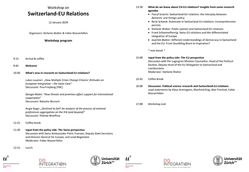 Today, researchers and diplomatic representatives in the field of 🇨🇭-🇪🇺 relations come together to explore the lastest research and policy advances. A great opportunity to discuss the new negotiating mandat! The workshop is co-organized by @stefwalter__ and Fabio Wasserfallen.