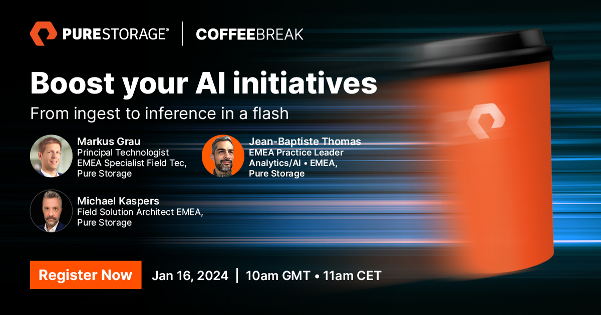 Rejoignez le webinar #CoffeeBreak pour apprendre comment booster vos initiatives d'intelligence artificielle en un clin d'œil ⚡️.

📆 Réservez la date : 16 janvier 2024 | 10h00 - 11h00
🔎 Inscrivez-vous : bit.ly/3TVBkLR

 #webinar #PureStorage #AI #Flash
