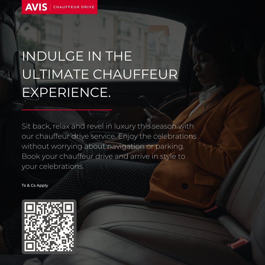 Sit back, relax, and let our professional drivers navigate the roads for you. Book today: luxury.avis.co.za/chauffeur/pick…. Ts&Cs apply.

#EffortlessTravel #InspiringBetterJourneys