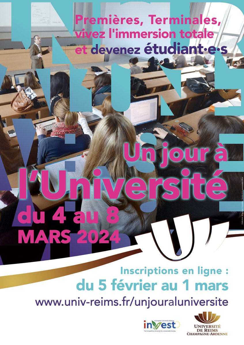 Lycéens, lycéennes, nous sommes en train de préparer un joli programme pour vous familiariser avec l'université. 
Venez participer à une journée d'immersion pendant Un Jour à l'Université, du 4 au 8 mars à l'<a href="/universitereims/">Université de Reims Champagne-Ardenne</a>. 
Infos et inscriptions : univ-reims.fr/unjouraluniver…