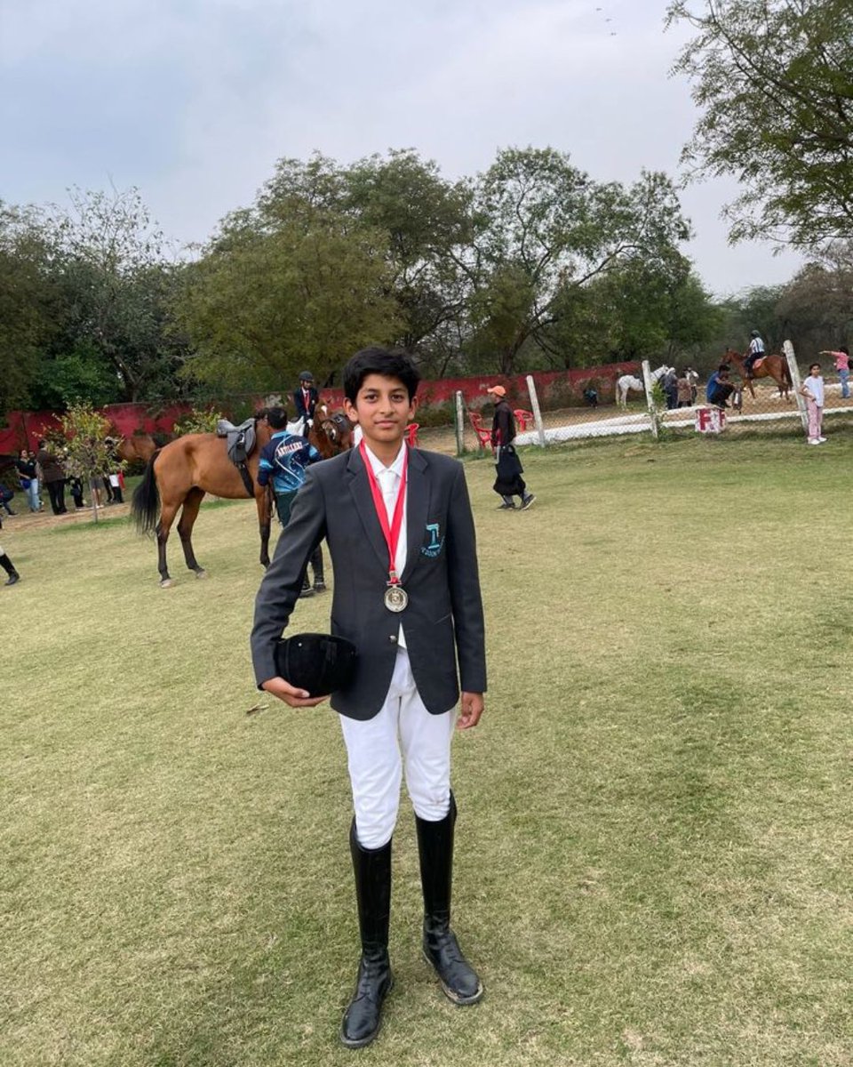 The_Doon_School's tweet photo. Impressive display of talent by Jaiveer Makkar, Dev Nitin Gupta, and Rudra Nikul Jalan from #TheDoonSchool at the #JuniorNationalEquestrianChampionship 2023 in Bangalore! Securing top positions and qualifying for National games showcase their dedication and passion. #SportsAtDoon https://t.co/pmzTQWGwpK