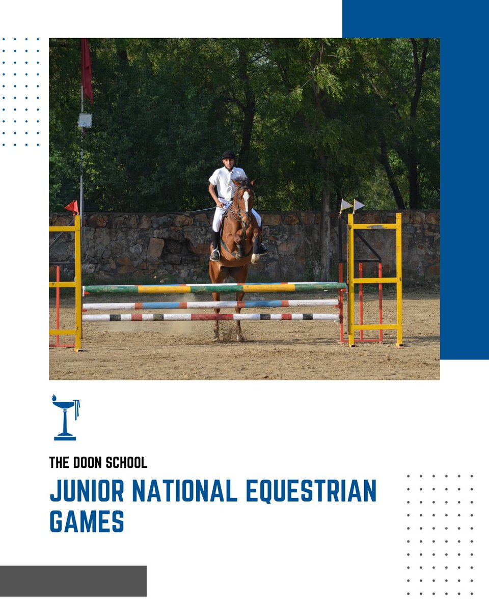 The_Doon_School's tweet photo. Impressive display of talent by Jaiveer Makkar, Dev Nitin Gupta, and Rudra Nikul Jalan from #TheDoonSchool at the #JuniorNationalEquestrianChampionship 2023 in Bangalore! Securing top positions and qualifying for National games showcase their dedication and passion. #SportsAtDoon https://t.co/pmzTQWGwpK