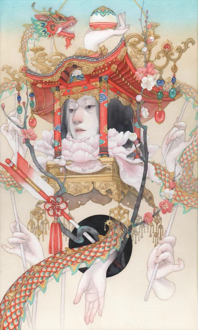 Gallery MUMON様にて開催中のグループ展『鸞翔鳳集vol.11』より。「招福2」M8号昨年1月の展示作品からのシリーズ。表情がお気に入り。とても好きな顔に描けると嬉しい作品はwebからでもお申し込みいただけますので、よろしければご覧いただけますと幸いです。 