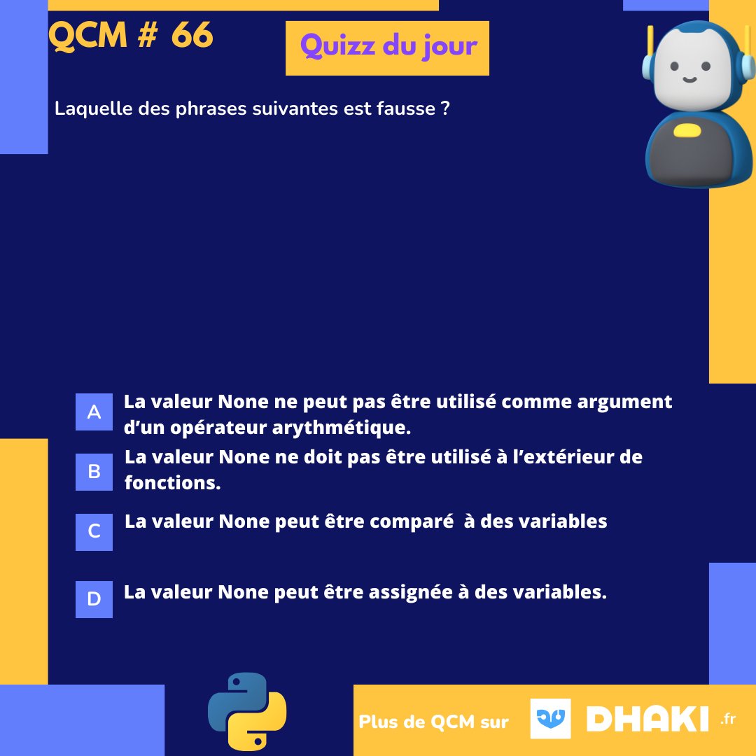 Python_QCM's tweet image. "Testez vos connaissances en Python avec notre quizz du jour ! Répondez en commentaire et montrez votre expertise ! 🔥"