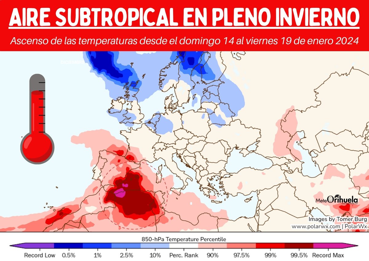 MeteOrihuela's tweet photo. ¡#FelizViernes! Aire subtropical en pleno #invierno. En los próximos días la #BorrascaHipólito, que se encuentra en el entorno de las #IslasAzores, se encargará de impulsar una masa de aire anormalmente cálida para la fecha hacia la #PenínsulaIbérica y ambos archipiélagos. https://t.co/zt2GCTQnhz