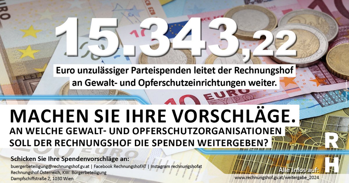 RHSprecher's tweet image. Ausnahmsweise haben wir etwas zu verteilen. 15.343,22 Euro. Das sind unzulässige Parteispenden aus dem Jahr 2023. Und der #Rechnungshof darf entscheiden, wer dieses Geld erhält. Diesmal sind es Gewalt- und Opferschutzeinrichtungen. Ihre Vorschläge bitte! 
#Parteispenden…