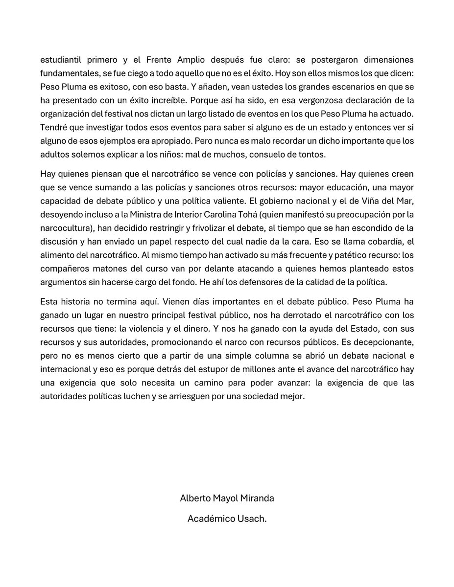 Mi declaración pública ante la respuesta de la organización del Festival de Viña sobre el caso Peso Pluma <a href="/vinadelmar/">Municipio de Viña del Mar</a> <a href="/GabrielBoric/">Gabriel Boric Font</a> <a href="/TVN/">TVN</a>