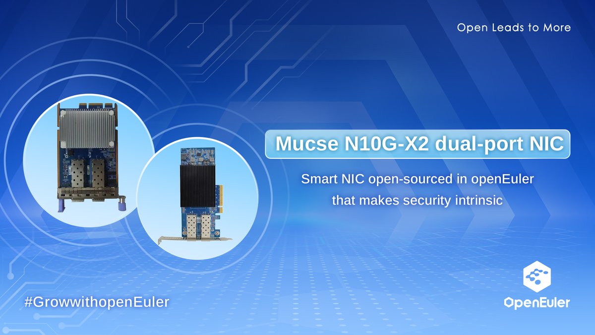 Check out Mucse N10G-X2-DC NIC, a smart #NIC that has just been open-sourced in #openEuler. It is compatible with different #architectures, making it suitable for #datacenter, #cloudcomputing, and #industrialcontrol scenarios.
#GrowwithopenEuler #opensource