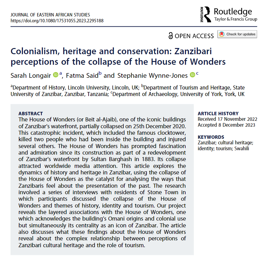 JEASjournal's tweet photo. Now online (Open Access): 
Colonialism, heritage and conservation: #Zanzibar|i perceptions of the collapse of the House of Wonders
by Sarah Longair (@sclongair), Fatma Said &amp; Stephanie Wynne-Jones
https://t.co/zkLR5xh7K4 https://t.co/DxkhTycC9k