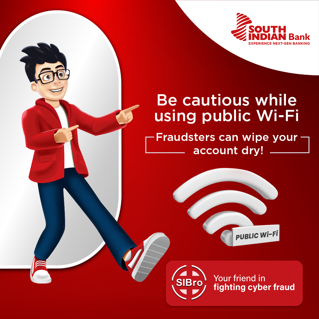 OfficialSIBLtd's tweet image. Stay connected,but stay cautious while using public Wi-Fi. 
#SecureConnections  #SIBro  #CyberAwareness  #CyberSafe  #SouthIndianBank  #TrustmeetsTechsince1929