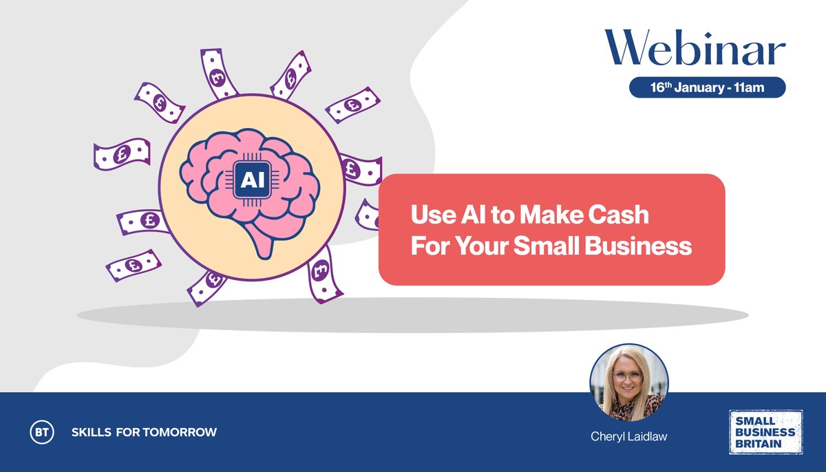 Use AI to make your business money!

Join #BTSkillsForTomorrow & expert Cheryl Laidlaw to learn:

☑️ How to integrate AI strategies in your business
☑️ Practical ways AI can enhance your operations, improve customer engagement & boost your bottom line

ow.ly/28XR50QnoHr