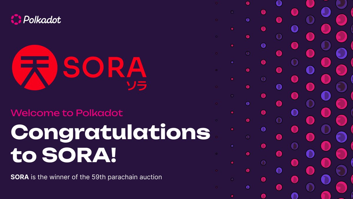 Congratulations to SORA Polkadot, winner of the 59th parachain auction 🎉

<a href="/sora_xor/">SORA | The First Blockchain Monetary System. 天</a> is an adaptive, non-debt-based monetary framework built to enable economic monetary stability for financially vulnerable countries.

Learn more 👉 sora.org