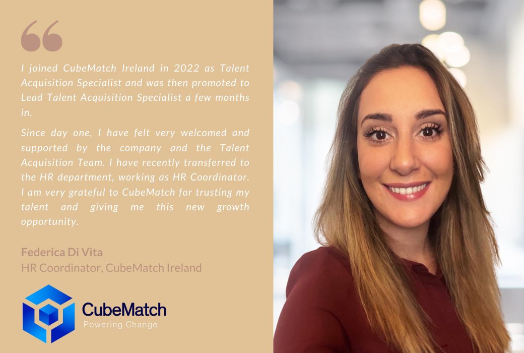 CubeMatch Ltd. (@cubematchltd) on Twitter photo 🔊💬💼Employee Testimonial💼💬🔊 
Federica Di Vita joined CubeMatch Ireland as Talent Acquisition Specialist in 2022 and is now HR Coordinator. 
#LifeatCubeMatch #employeetestimonials #hr #talentacquisition 🔊💬💼Employee Testimonial💼💬🔊 
Federica Di Vita joined CubeMatch Ireland as Talent Acquisition Specialist in 2022 and is now HR Coordinator. 
#LifeatCubeMatch #employeetestimonials #hr #talentacquisition