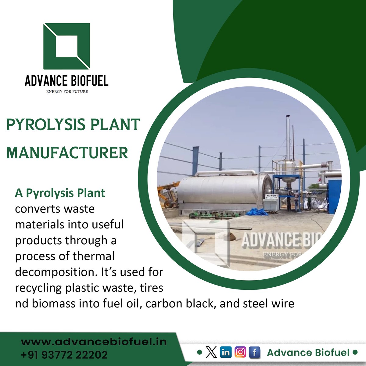 A Pyrolysis Plant converts waste materials into useful products through a process of thermal decomposition. It's used for recycling plastic waste.

#AdvancedBiofuel #PyrolysisPlant #WasteConversion #RecyclingTechnology #EnvironmentalSustainability #GreenEnergy #CircularEconomy