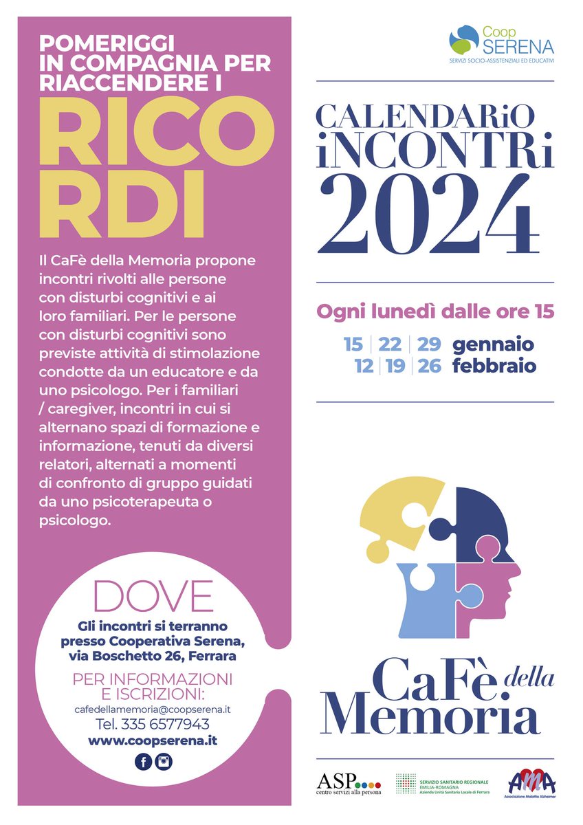 Il #calendario2024 del #CafèdellaMemoria per i primi due mesi dell'anno #gennaio e #febbraio da mettere in agenda! Per qualsiasi ulteriore informazione, mail e telefono li trovate nella nostra locandina.
A tutti, buona giornata!
#coopserena