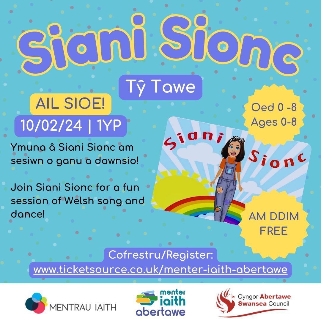 SIANI SIONC - AIL SIOE!

Bacha dy le i weld Siani Sionc gyda ni nawr!

Siani Sionc will be performing a 2nd show with us! Don't miss out, book your space now!

📆 10/02 | 1pm
📍 Tŷ Tawe

Cofrestru/Register 👉 buff.ly/41SUh3z 

#yagym | @Cymraegforkids | @JoioAbertawe