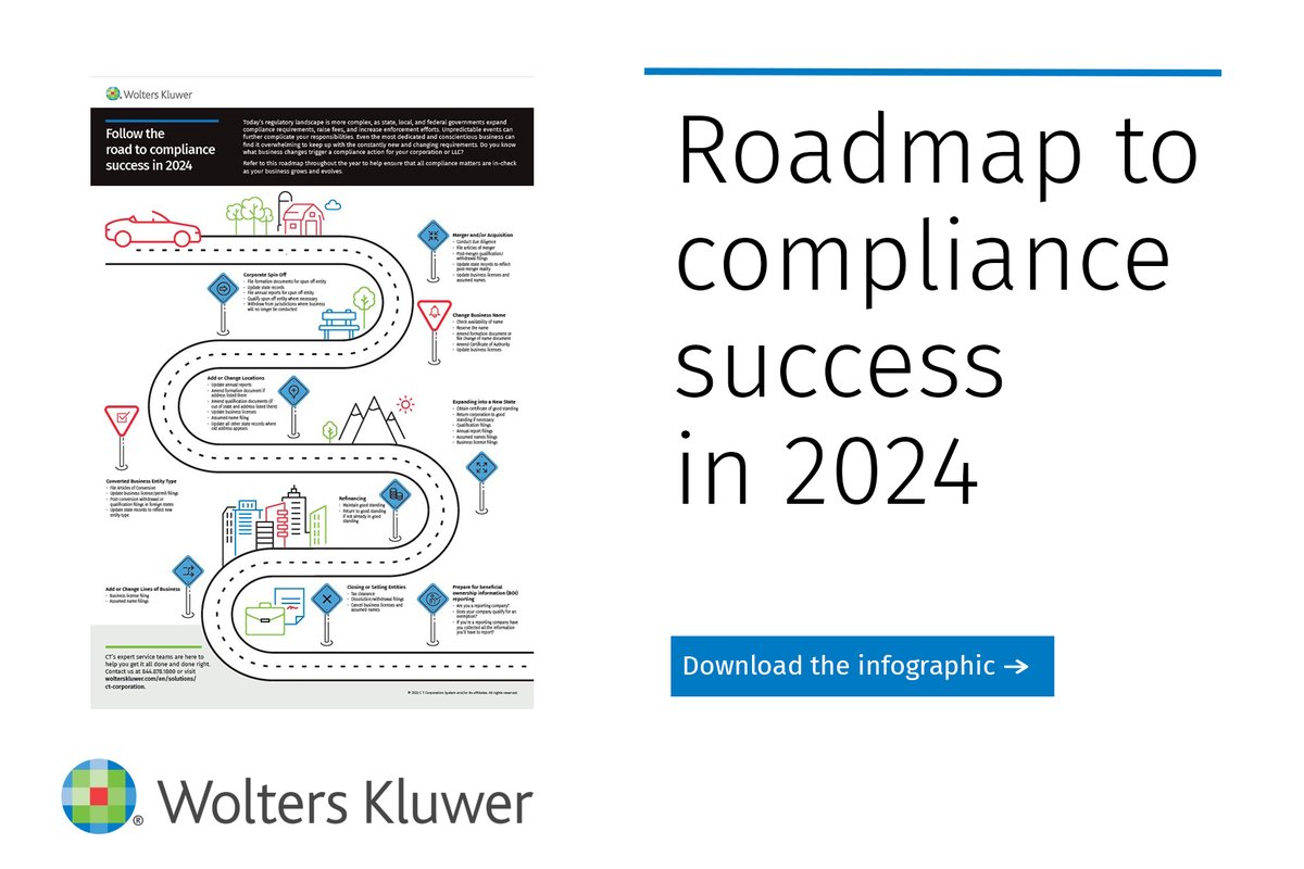 Get your business ready for 2024. Download CT Corporation's roadmap to help ensure all U.S. and global compliance matters are met as your business grows and evolves. ow.ly/c7CA50PJGWi 

#corporate #compliance