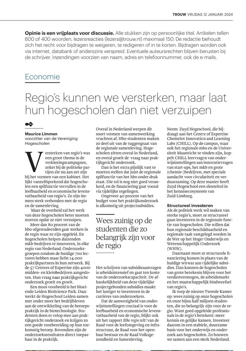 Regio's kunnen we versterken, maar laat hun hogescholen dan niet verzuipen. Oproep aan nieuwe @2eKamertweets vandaag in @trouw