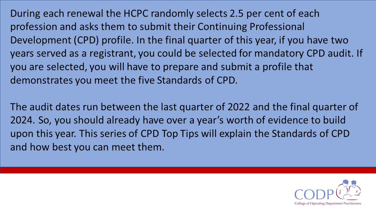 📢2024 is a renewal year where #ODPs renew their registration with the @The_HCPC by making their professional declaration.

Follow our series of CPD Top Tips which will explain the Standards of Continuous Professional Development and how best you can meet them.
