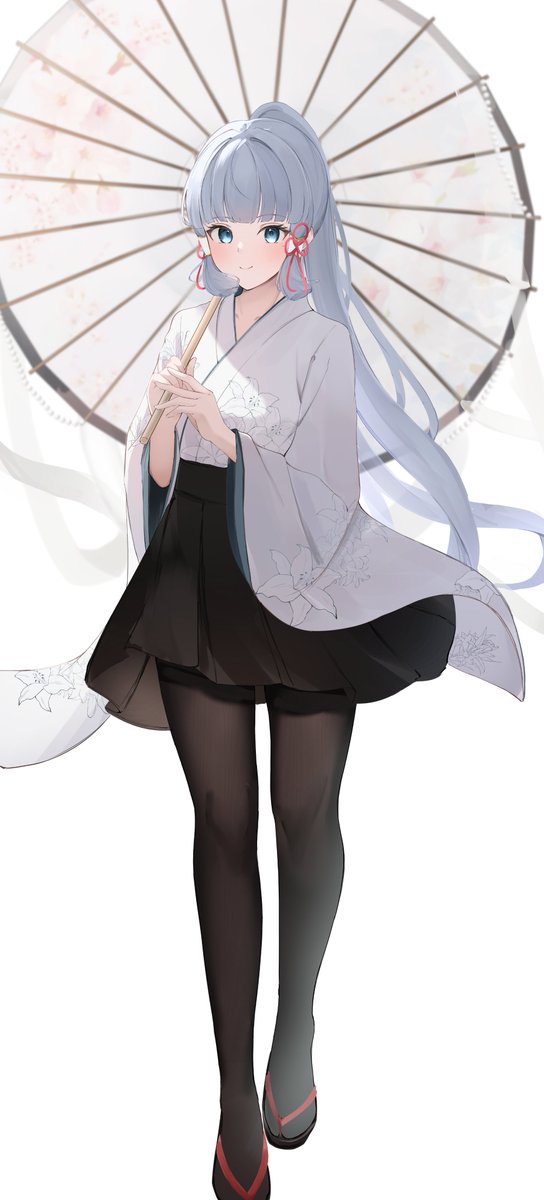 kamisato ayaka 1girl solo umbrella japanese clothes pantyhose long hair blue eyes  illustration images