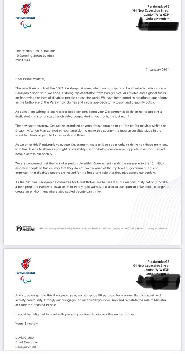 “Deep concern” from @ParalympicsGB after the Government’s removal of dedicated minister of state for disabled people. 🇬🇧 CEO Dave Clarke writes to the Prime Minister urging a u-turn ⬇️ @ClarkieGB7 @RishiSunak